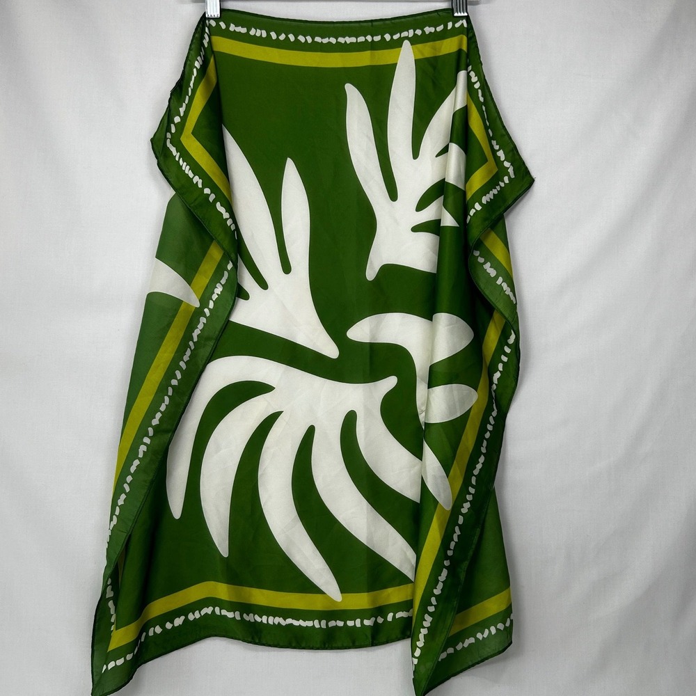 Green White Leaf Scarf Large Square Neck Scarf Accessory Nature Chic Boho